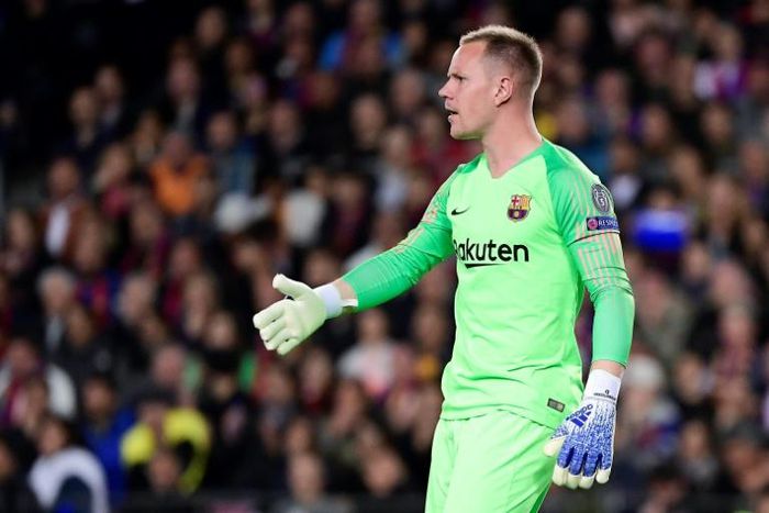 Barcelona's German goalkeeper Marc-Andre Ter Stegen (pictured May 1, 2019) will sit out of the Copa del Ray final due to ongoing "discomfort in his right knee," for which he will receive treatment