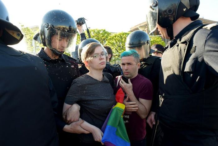 Russian riot police detained gay rights activist during World Day Against Homophobia and Transophobia in Saint Petersburg on May 17, 2019.About ten LGBT activists took part in the protest with four arrested by the police in Russia's second largest city