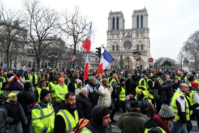 Yellow vest protesters in front of Notre Dame cathedral in January