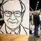 People pass an illustration of Warren Buffett, CEO of Berkshire Hathaway, during the 2019 annual shareholders meeting in Omaha, Nebraska