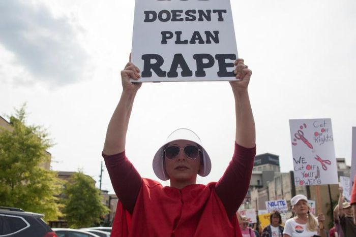 Some of the protesters in Montgomery, Alabama dressed as characters forced to bear children of rape in the dystopian novel and television series "The Handmaid's Tale"