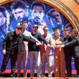 The "Avengers" core team (from L-R): Marvel Studios boss Kevin Feige, actors Chris Hemsworth, Chris Evans, Robert Downey Jr., Scarlett Johansson, Jeremy Renner and Mark Ruffalo
