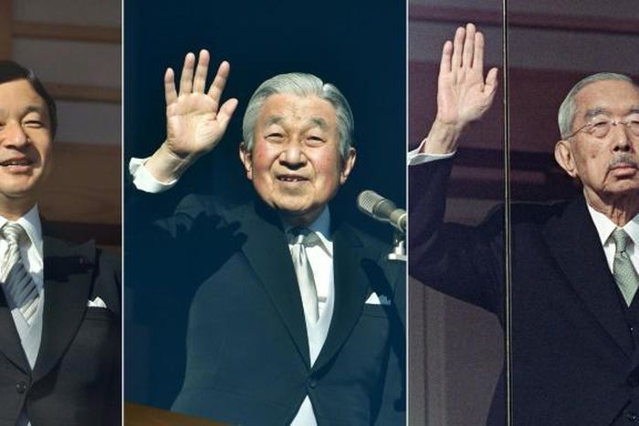 Japan's Crown Prince Naruhito (L) Emperor Akihito (C) and late emperor Hirohito