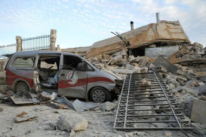 A picture taken on May 5, 2019 shows destruction at the entrance of a hospital in the village of Kafr Nabl, south of the jihadist-held Syrian province of Idlib. Syrian forces and their Russian allies have escalated attacks in the northwest over recent ...