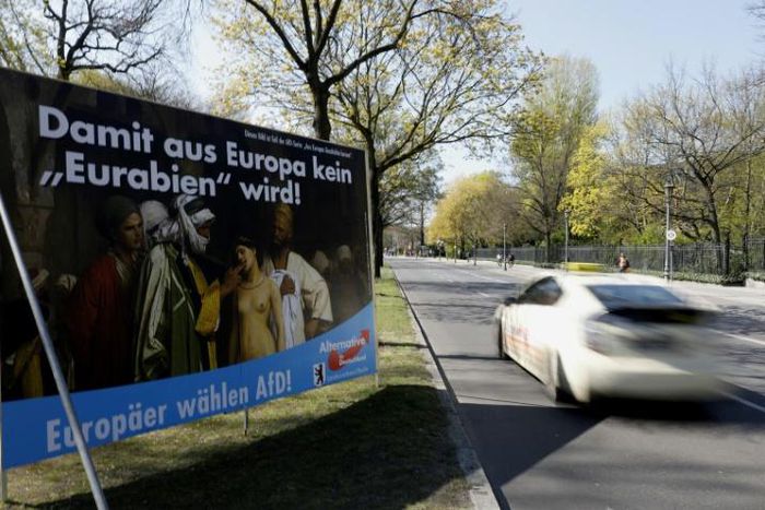 The poster reads "so that Europe doesn't become 'Eurabic'" and reproduces a painting titled "Slave market" by nineteenth century French artist Jean-Leon Gerome
