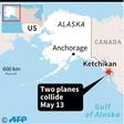 Map locating the area in Alaska where two planes carrying 16 passengers collided on Monday