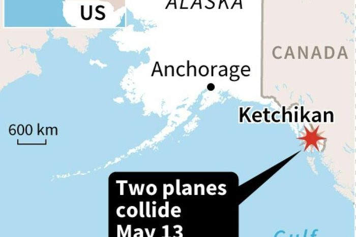 Map locating the area in Alaska where two planes carrying 16 passengers collided on Monday