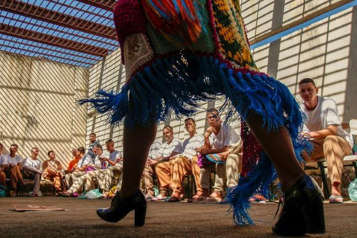 Intricate crochet bodices, cheeky skirts and denim finishes featured in a fashion show at the Adriano Marrey prison outside Sao Paulo