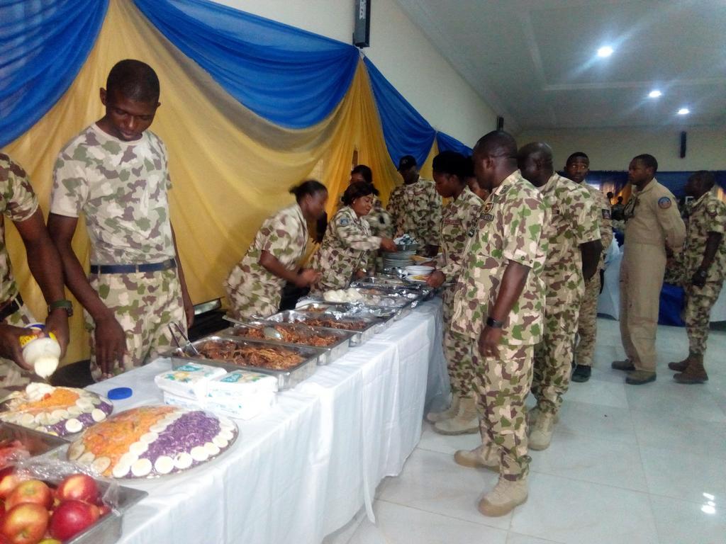 Air Marshal, Sadique Abubakar, the Chief of Air Staff (CAS) holds Easter feast for personnel engaged in the war against Boko Haram insurgents, on Monday in Maiduguri (NAN Photos)