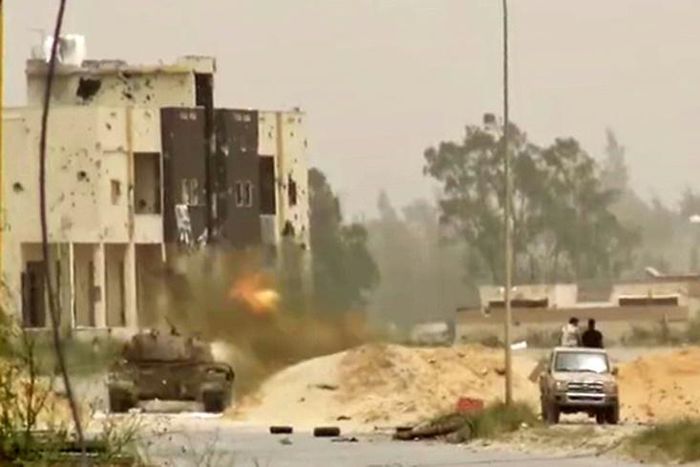 A tank in clashes on the outskirts of the Libyan capital Tripoli