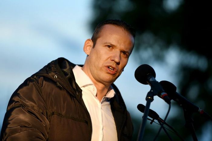 Laszlo Toroczkai, leader of a new Hungarian far-right group, the 'Our Homeland Movement' addresses supporters in Torokszentmiklos, about 130 km east of Budapest, denouncing Roma as "gypsy terrorists."