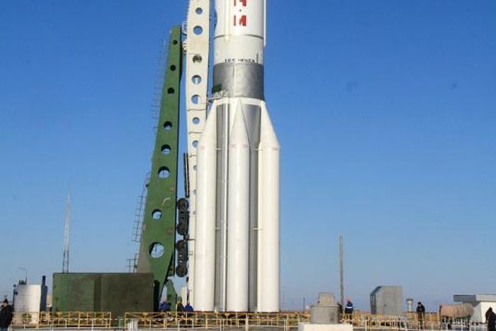 AsiaSat 7, a US-made satellite built for Hong Kong's AsiaSat, sits aboard a Proton-M rocket ahead of launch in Kazakhstan in 2011