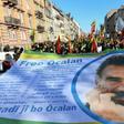 People march with a giant banner reading "Free Ocalan" during a demonstration in Strasbourg, eastern France, on February 16, 2019, to mark 20 years since the arrest of Kurdish leader Abdullah Ocalan, who is jailed in Turkey