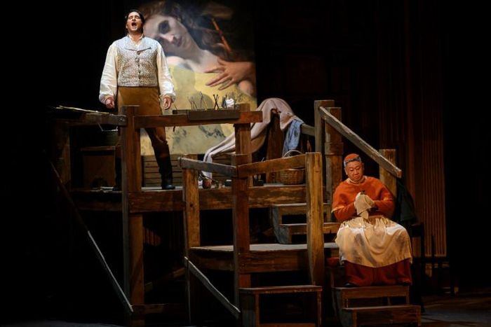 Italian tenor Riccardo Massi, left, performs as Cavaradossi on stage with bass Wei Wu as the sacristan in Washington National Opera's (WNO) production of 'Tosca' at the Kennedy Center in Washington on May 22, 2019