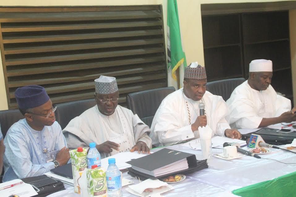 L-R: Governors Nasir El-Rufai of Kaduna, Umar Tanko Almakura of Nasarawa, Aminu Waziri Tambuwal of Sokoto and Deputy Governor of Plateau State, Sonni Tyoden, at the inaugural meeting of Northern Governors Forum/Northern Traditional Leaders Council's co...