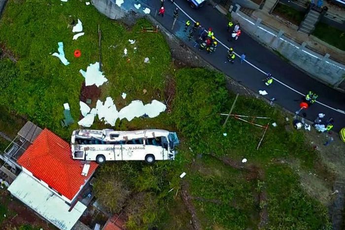 Drone footage showed the wreckage of the tourist bus that crashed on Wednesday on the Portuguese island of Madeira