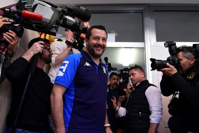 Italian Deputy Prime Minister and Interior Minister Matteo Salvini arrives to cast his ballot at a polling station in Milan with exit polls later showing his far-right party on top in EU elections