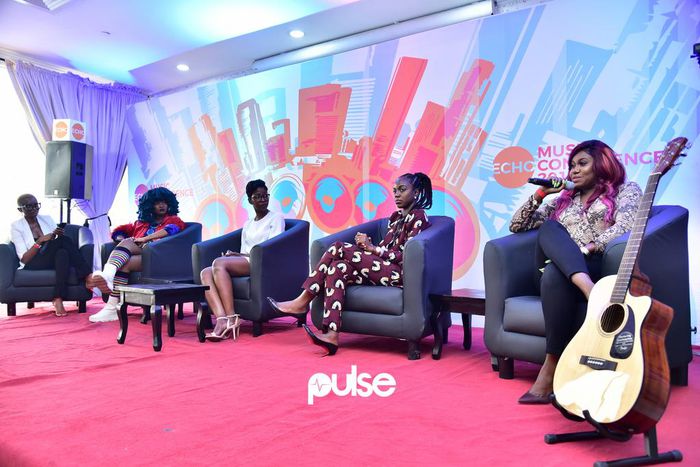 L-R: A cross-section of the panel on artists and record labels from ECHO Music conference 2019; Chidera Muoka, (Editor-In-chief, Guardian Life); Moonchild Sanelly; Aibee Abidoye (Vice President, Chocolate City); Temilade Adeniji (from Warner Music) and...