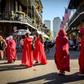 Protesters, dressed as characters in the dystopian novel and TV series "The Handmaid's Tale," march through the French Quarter of New Orleans, Louisiana, on May 25, 2019, to protest the bill to restrict abortion