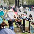 Climate change activists at the Extinction Rebellion group's environmental protest camp in Marble Arch central London where they are regrouping after blocking some of the capital's business thoroughfares