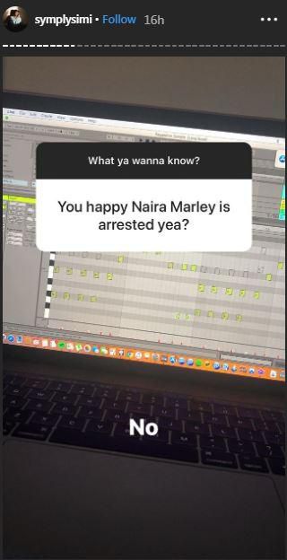 One of her fans asked if she was happy about Naira Marley's arrest to which she gave a very simple answer ''No.'' [Instagram/SymplySimi]