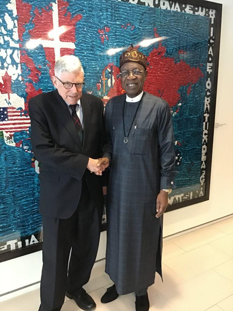 John Campbell, a former Political Counselor and U.S. Amb. to Nigeria and Alhaji Lai Mohammed, the Minister of Information and Culture at the Council on Foreign Affairs Office in Washington DC. [nan]