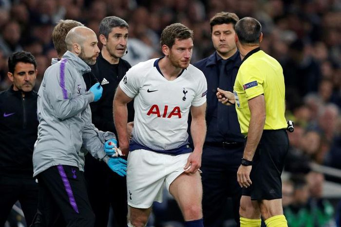 Spanish referee Antonio Mateu Lahoz checks on Tottenham defender Jan Vertonghen (centre) as he prepares to come back onto the pitch after suffering a head injury