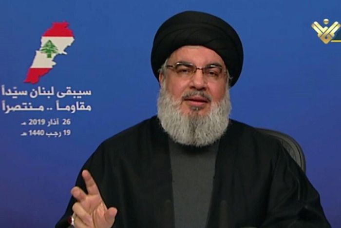 Hezbollah leader Hassan Nasrallah giving a previous speech on Hezbollah's al-Manar TV on March 26, 2019