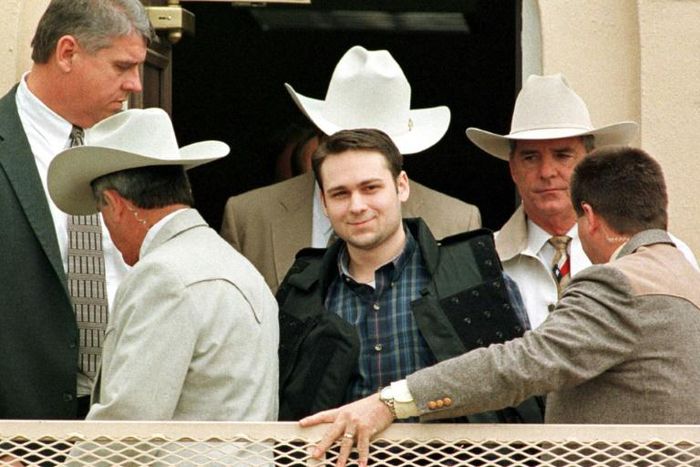 John William King (C) is pictured in 1999 after being sentenced to death for the brutal murder of a black man