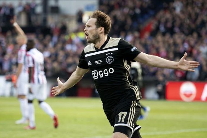Ajax's Daley Blind celebrates scoring the first goal in the Dutch Cup final triumph four days before hosting Spurs in the Champions League semi final