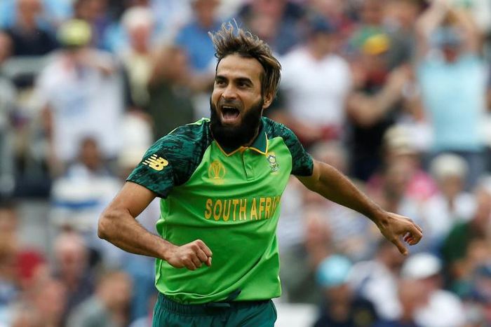South Africa's Imran Tahir celebrates taking the wicket of England captain Eoin Morgan