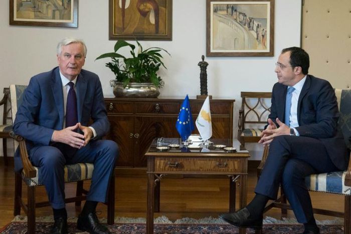 EU chief Brexit negotiator Michel Barnier (L) and Cypriot Foreign Minister Nikos Christodoulidis meet in Nicosia on May 20, 2019
