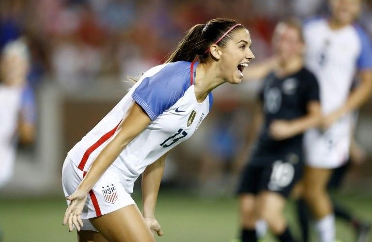 Alex Morgan of the USA celebrates after scoring a goal in the second half against New Zealand, at Nippert Stadium in Cincinnati, Ohio, on September 19, 2017