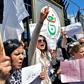 Demonstrators gather during a protest by state TV employees against censorship in the capital Algiers