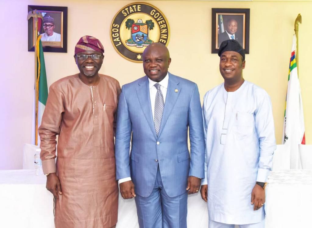 Sanwo-olu, Ambode and Obafemi Hamzat at the Lagos Government House in Alausa