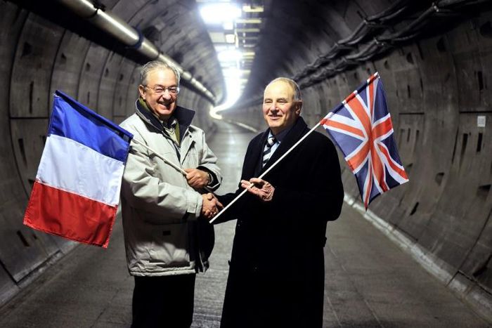 Philippe Cozette (L) and Graham Fagg dug the last metres of the Channel tunnel 25 years ago