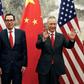 Chinese Vice Premier Liu He (R) gestures as US Treasury Secretary Steven Mnuchin (C) chats with Trade Representative Robert Lighthizer before they go into talks in Beijing