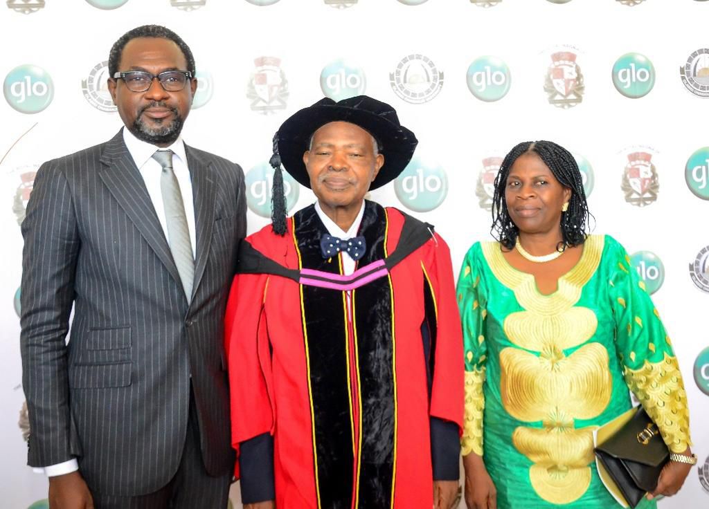 L-R: Globacom’s representative at the Oba Sikiru Kayode Adetona Professorial Chair in Governance Lecture, Mr. Folu Aderibigbe; political scientist, Professor Ayodele Olukotun, and his wife, Mrs Olukotun, at the event sponsored by Globacom in Ijebu Ode,...