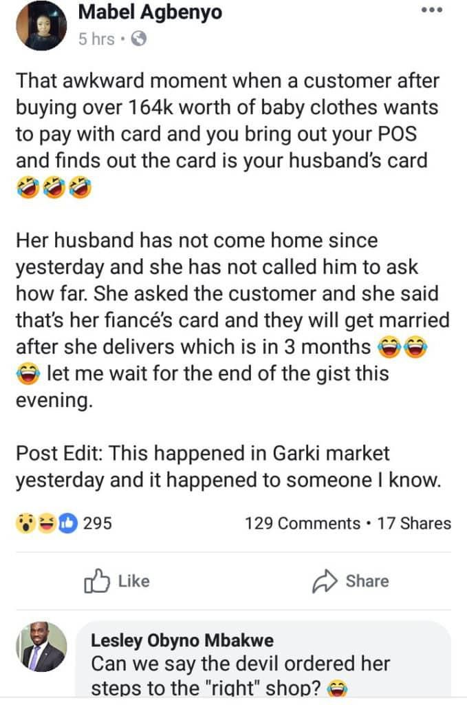 Cheating husband refuses to go home as pregnant side chick mistakenly uses his visa card to pay for baby clothes at his wife’s shop