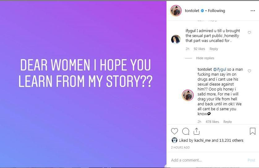 Tonto Dikeh then went on to reveal the reason behind her comments on Churchill Olakunle's sexual deficiency [Instagram/TontoDikeh]