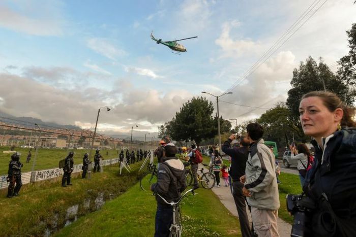 A Police helicopter departs carrying Colombian FARC political party member Jesus Santrich from Colombian prison 'La Picota' in Bogota, on May 17, 2019.Santrich -wanted by the United States for drug trafficking- was inmediately recaptured while being fr...
