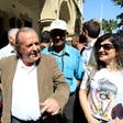 Sener Levent is greeted by supporters as he leaves the Supreme Court of the Turkish Republic of Northern Cyprus on May 16
