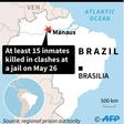 Map of Brazil locating a jail some 28 km from the Amazonas state capital of Manaus, where 15 inmates were killed in clashes on Sunday