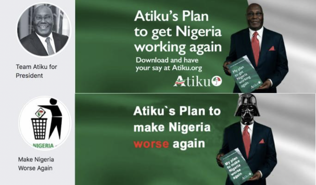 The "Make Nigeria Worse Again" Facebook group depicted Atiku Abubakar as Hollywood movie villain, Darth Vader [DFRLab]