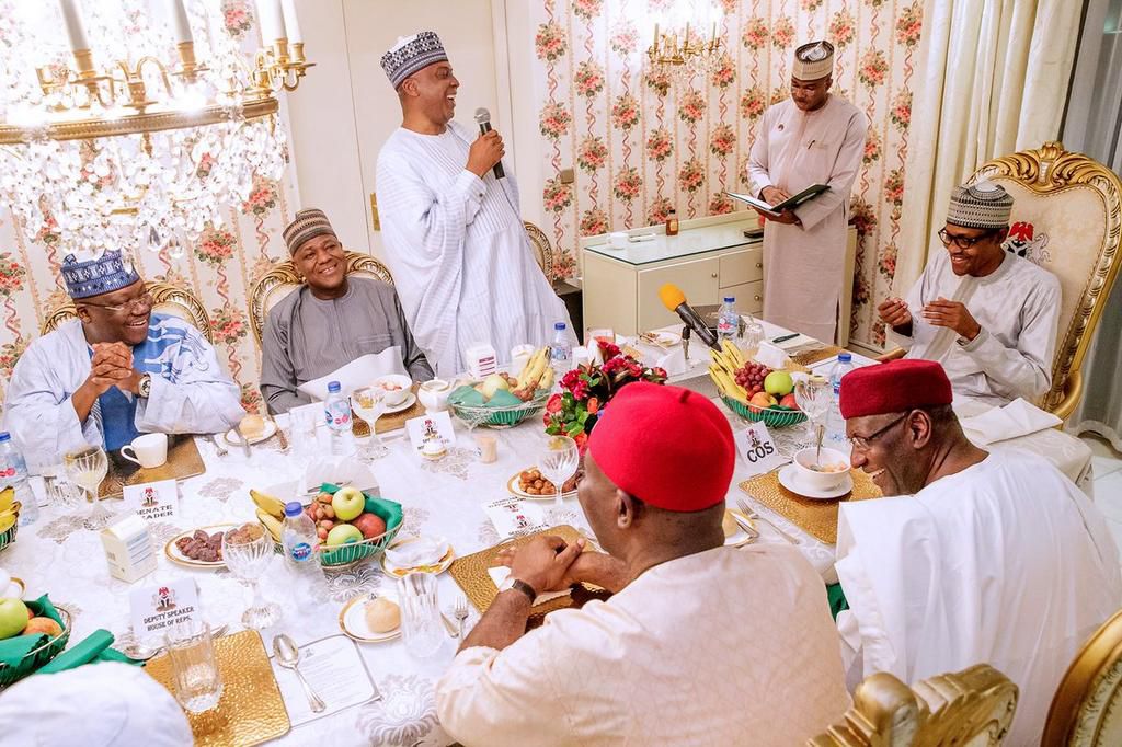 President Buhari hosts the Leadership of the National Assembly to the breaking of the Ramadan fast, at the State House [Twitter @NGRPresident]
