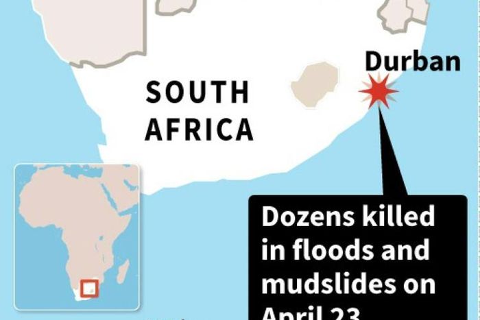 Map of South Africa locating Durban where more than 30 people were killed in floods and mudslide on Tuesday