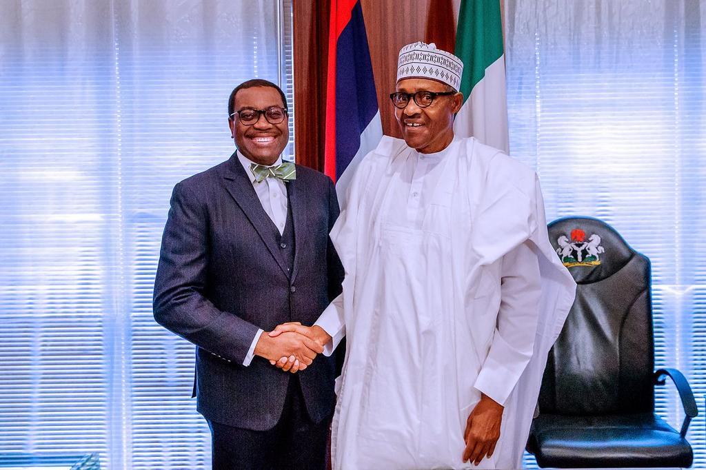 President Muhammadu Buhari meets with President of African Development Bank, Akinwumi Adesina, at Aso Rock [Twitter@NGRPresident]
