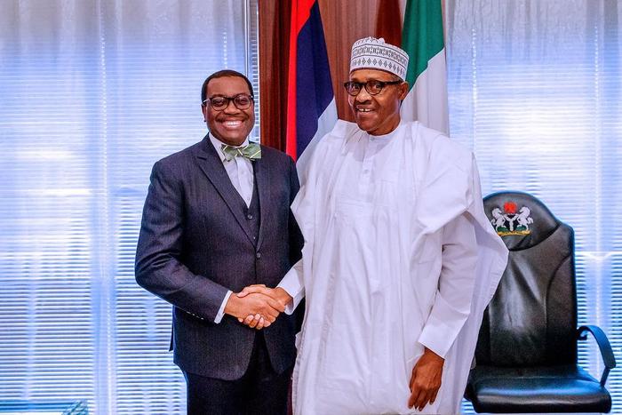 President Muhammadu Buhari meets with President of African Development Bank, Akinwumi Adesina, at Aso Rock [Twitter@NGRPresident]