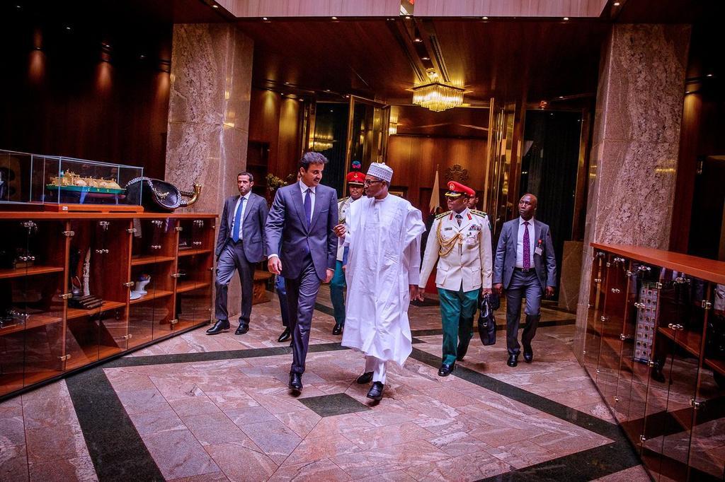 President Buhari welcomes the Emir of Qatar, His Highness Sheikh Tamim bin Hamad Al-Thani @TamimBinHamad to Abuja, on his first visit to Nigeria (Twitter @MBuhari) 3