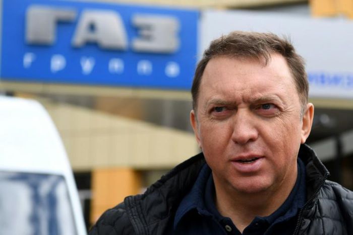 Russian tycoon Oleg Deripaska speaks to the media outside his carmaker GAZ plant in Nizhny Novgorod about how he may be forced to shutter the factory due to US sanctions